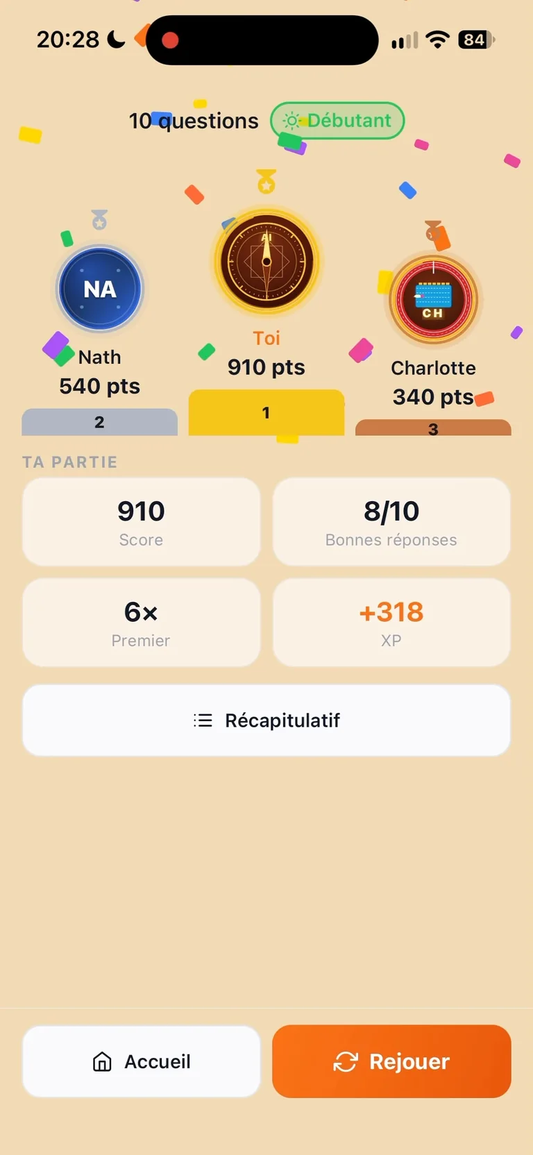 Le podium d'un Duel entre trois amis, avec scores et bonnes réponses