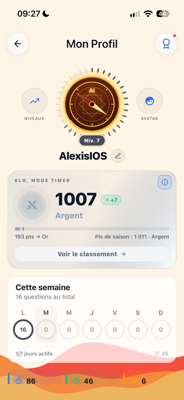 Le profil Clark avec le niveau et l’activité de jeu