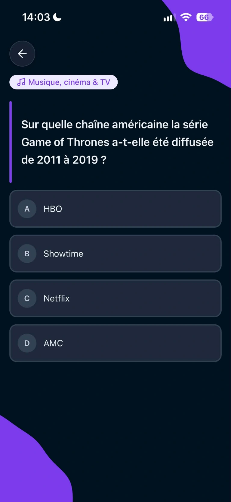 Une question sur Game of Thrones dans Clark, avec quatre réponses au choix