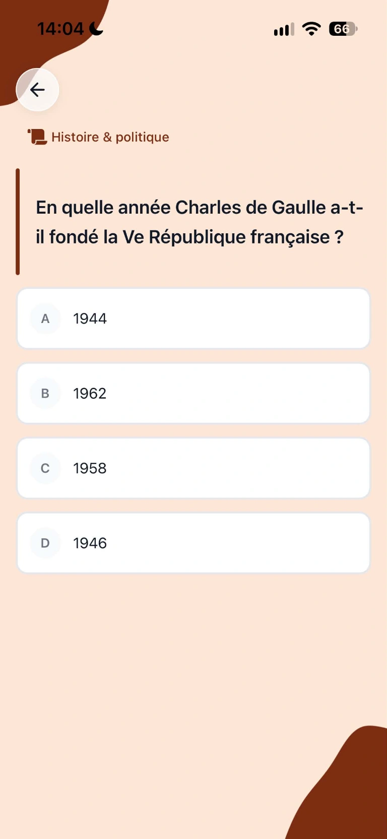 Une question d'histoire sur la Ve République dans Clark en thème clair